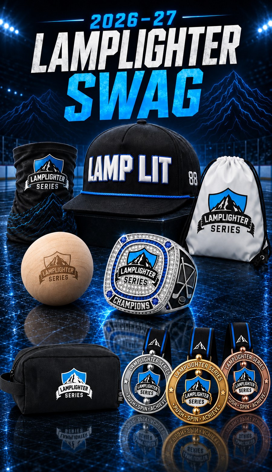 2026-27 Lamplighter swag — every player takes home a hat, buff, ball and tote, MVP and Heart & Hustle awards every game, plus a Lamplighter championship ring and medals for the top three teams