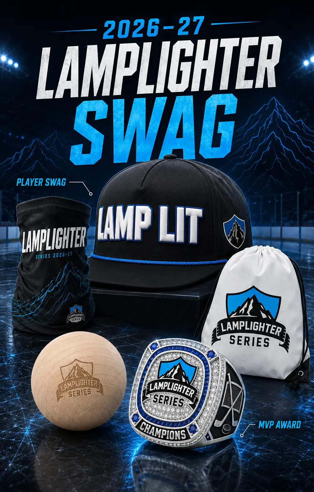 2026–27 Lamplighter player swag including a hat, neck buff, drawstring bag, wooden ball and MVP ring